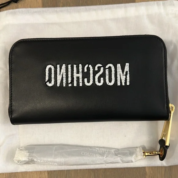 Moschino Bear Logo Embroidered Leather Wristlet Wallet